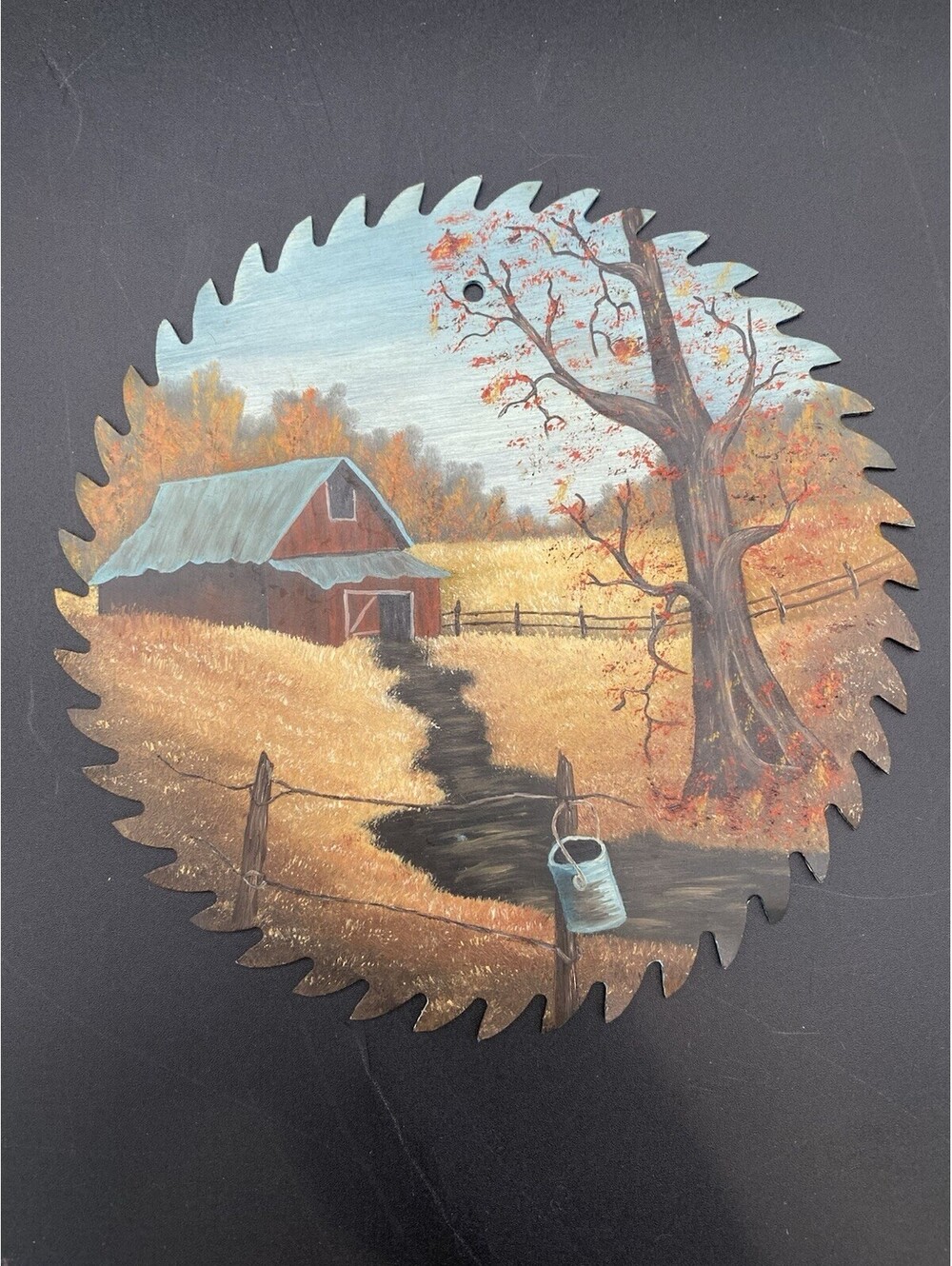 Hand Painted 7" Double-Sided Saw Blade Wall Art - Winter or Autumn Barn Scene